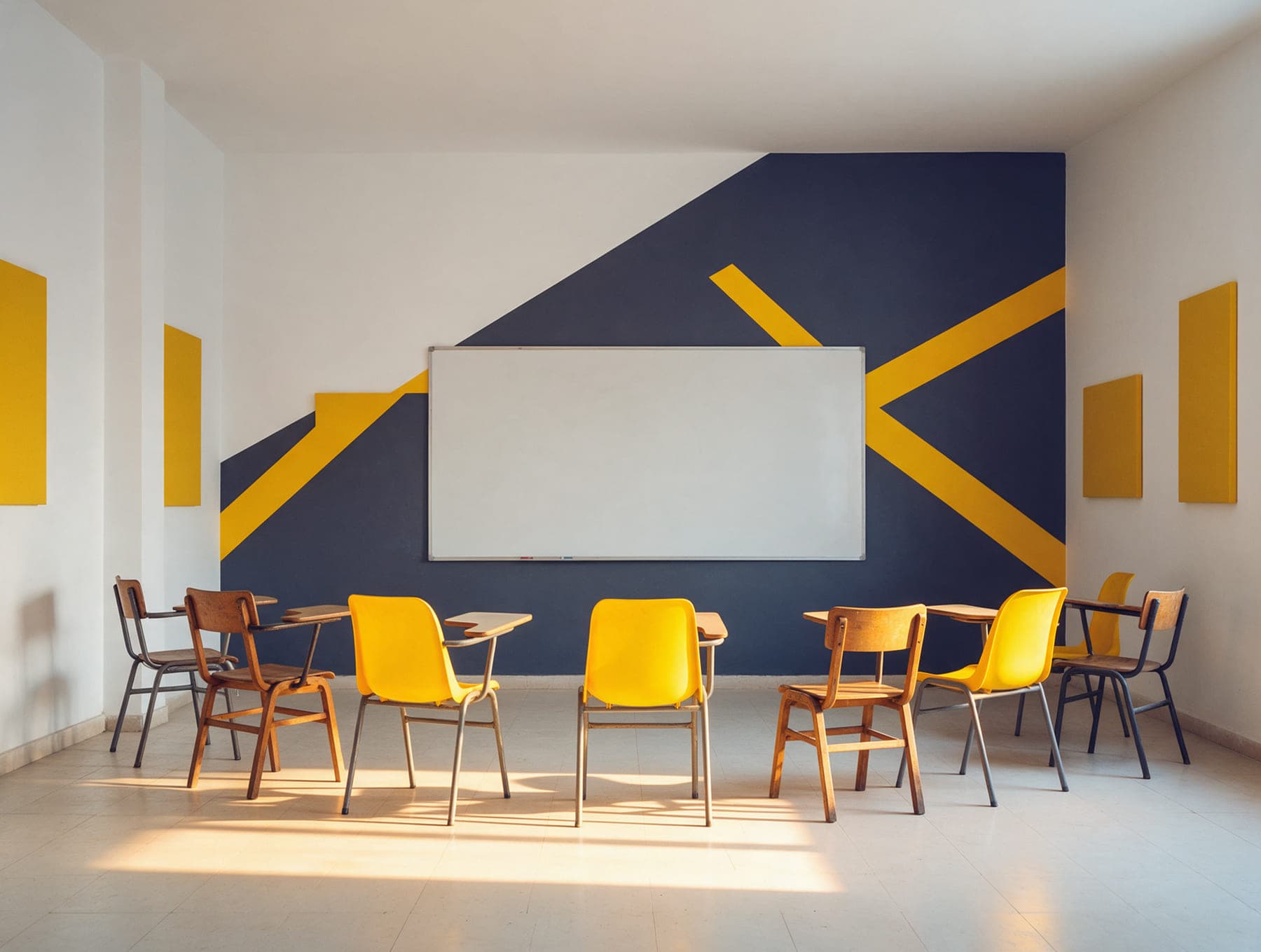 Salle de cours du centre, chaises disposées en demi-cercle face au tableau