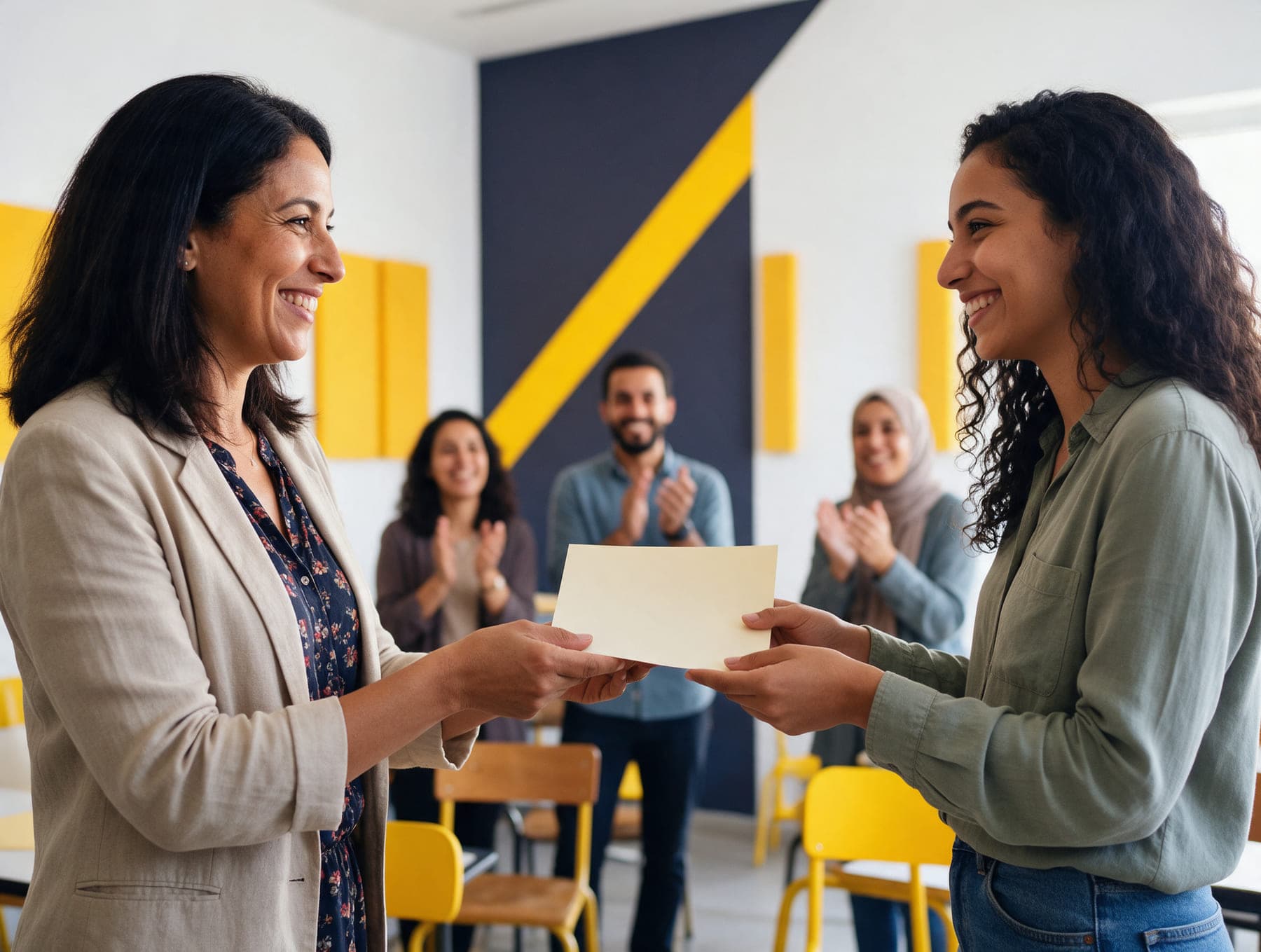 Remise d'un certificat à une élève, applaudie par son groupe