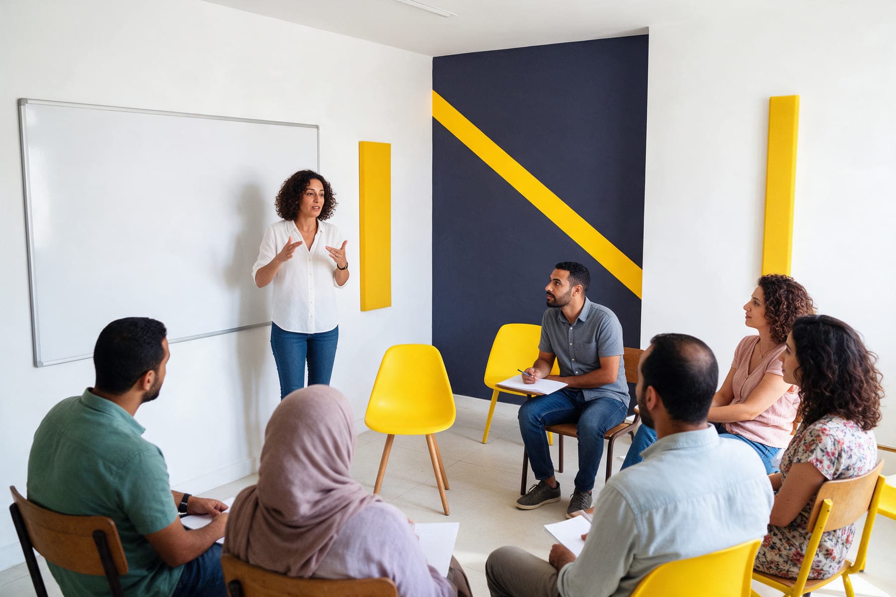 Professeure au tableau expliquant à un groupe réduit assis en demi-cercle